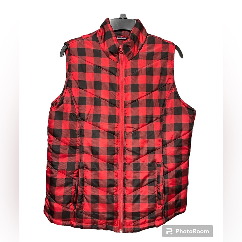 Basic Editions Red & Black Lumber Jack Check Puffer Vest SZ L